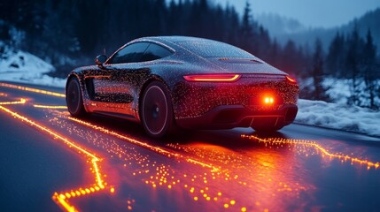 Poster - Next-gen vehicle driving over a radiant smart road system with layered digital guidance paths and embedded AI markers