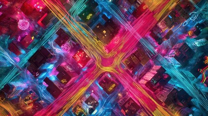 Poster - Vibrant urban intersection, illuminated by neon lights.
