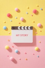 Fototapete - Pastel Pop Narrative Design Minimalist Movie Clapper Storytelling Concept with Playful Bubble Composition - Creative Branding and Content Strategy Visual