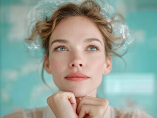 Aufkleber - Ethereal Mindfulness Portrait Soft Gen Z Wellness Aesthetic Capturing Introspective Serenity in Minimalist Teal Dreamscape for Mental Health Branding