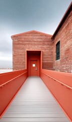 Aufkleber - Adaptive Reuse Architecture Minimalist Industrial Walkway Showcasing Urban Regeneration, Sustainable Design and Modern Workspace Transformation