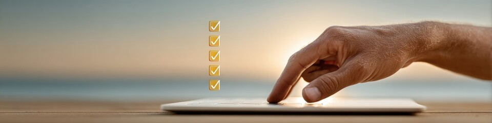 Leinwandbilder - Digital Verification Revolution Minimalist Hand Touching Sleek Tablet with Golden Checklist, Capturing Next-Gen Compliance and Professional Workflow Optimization