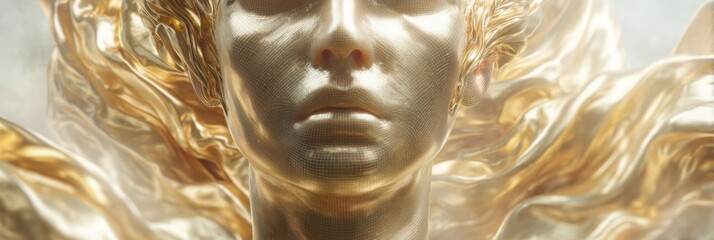 Poster - Ethereal Gold Metamorphosis Immersive Digital Art Portrait Exploring Transcendent Human Potential through Metallic Surrealism and Emotional Transformation