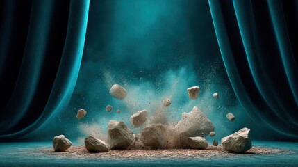 Poster - Cinematic Industrial Disruption Explosive Rock Deconstruction with Dramatic Teal Backdrop - Transformative Design and Creative Demolition Visualization