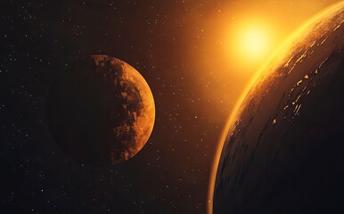Poster - abstract earth planet with a sun and starry sky background, a realistic earth in space. elements of 