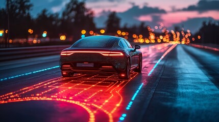 Poster - Sleek self-driving car on a neon-lit smart road with active digital path markers and cloud-based traffic management