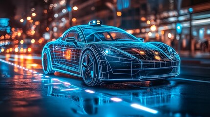 Poster - Sleek self-driving car on a neon-lit smart road with active digital path markers and cloud-based traffic management