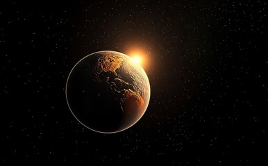 Poster - abstract earth planet with a sun and starry sky background, a realistic earth in space. elements of 