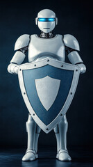 Poster - A robot is holding a shield in front of a blue background. The robot is wearing a white suit and has blue eyes. The robot is standing in a room with a blue wall