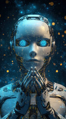 Poster - A robot with blue eyes and a white face is shown with its hands clasped together. The robot is surrounded by a blue and yellow background, giving it a futuristic and otherworldly appearance