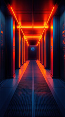 Poster - A long hallway with red lights on the ceiling. The lights are on a grid pattern. The hallway is dark and the lights are glowing