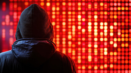 Poster - A person is wearing a black hoodie and looking at a red screen with a lot of dots