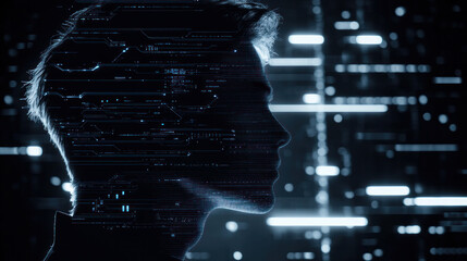 Poster - A man's face is shown in a computer generated image with a dark background. Concept of mystery and intrigue, as the man's face is obscured by the surrounding digital elements. The use of black