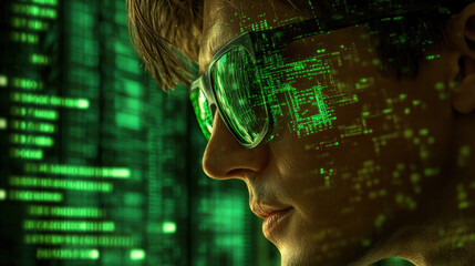 Poster - A man wearing green sunglasses is looking at a computer screen with a green background. Concept of technology and modernity, as the man is wearing sunglasses while looking at a computer screen