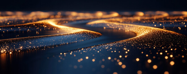 Poster - The image is a beautiful, glowing, and sparkling scene of a river with a blue background. The water is filled with glittering lights, creating a dreamy and ethereal atmosphere