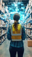 Poster - A woman wearing a yellow vest stands in a warehouse with a computer screen in front of her. The computer screen is displaying a 3D image of the warehouse, and the woman is looking at it