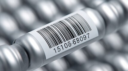 Fototapete - Smart Inventory Tracking High-Precision Industrial Barcode Label on Metallic Surface - Next-Gen Supply Chain Optimization and Global Commerce Technology