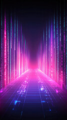 Poster - A long, narrow hallway with purple and blue lights. The lights are arranged in a way that creates a sense of depth and movement. The hallway appears to be a part of a futuristic or sci-fi setting