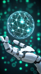 Poster - A robot is holding a glowing sphere. The sphere is surrounded by a web of lines, and the robot's hand is positioned above it. Concept of wonder and fascination with technology