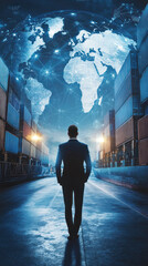 Poster - A man stands in front of a globe, looking up at it. The image is a representation of the world and the man's role in it