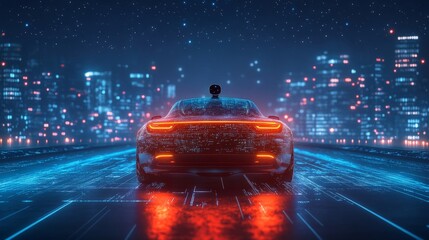 Poster - Smart self-driving vehicle navigating quiet roads under starry skies, surrounded by soft digital glow and urban silhouettes