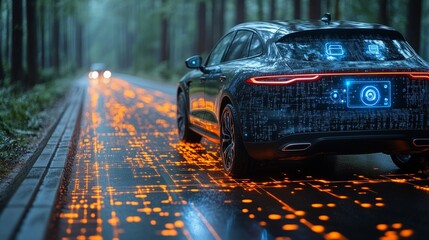 Poster - Smart vehicle navigating a road embedded with dynamic digital pathways, AI signals, and real-time sensor feedback