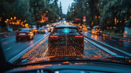 Poster - Smart vehicle navigating a road embedded with dynamic digital pathways, AI signals, and real-time sensor feedback