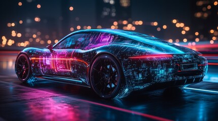 Poster - Ultra-modern smart car glowing with colorful AI visuals and smart signals, embodying future transportation in a digital society