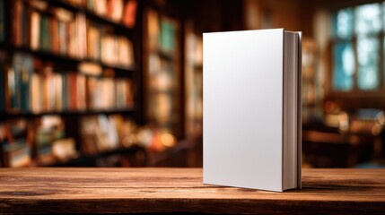 Poster - Blank book standing on wooden table in library setting perfect for cover design or mockup presentation