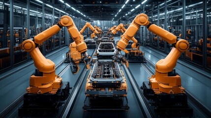 Poster - Wide-angle factory shot with automated robotic systems installing components into futuristic electric vehicles