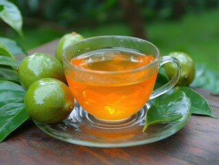 Aufkleber - Herbal tea served with fresh lime fruit on wooden table in garden setting close up still life