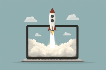 Poster - Rocket Launching from Laptop Screen Flat Illustration Business Startup Technology Innovation Concept on Blue Background