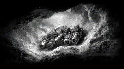 Poster - Silhouette of wreckage nestled in rocky terrain.