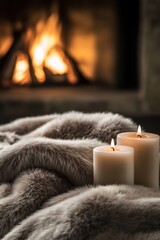 Aufkleber - Cozy ambiance with candles and fireplace, close-up, warm lighting, indoor setting, inviting atmosphere, relaxation concept, home decor