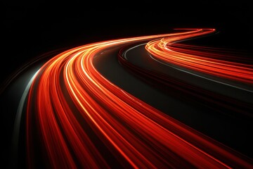 Poster - Red Light Trails on Curved Road at Night Abstract Long Exposure Photography Motion Blur