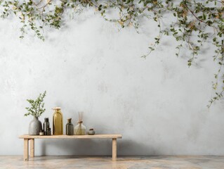 Aufkleber - Minimalist interior with decorative bottles and hanging greenery on textured wall in studio setting neutral tones