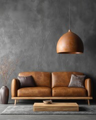 Poster - Interior design of living room with leather sofa and modern lamp against gray wall in a studio shot