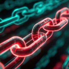 Fototapete - Close up of luminous chain links in red and teal colors representing blockchain technology and digital security