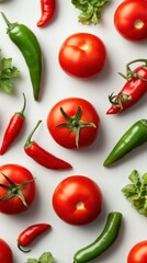 Poster - Fresh Tomatoes and Chili Peppers Flat Lay on White Background Food Still Life Overhead Shot Healthy Eating Vegetarian Vegan Diet