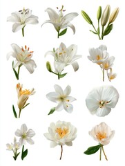 Poster - Collection of White Flowers on White Background Studio Shot Assortment of Lilies Peonies and Tulips