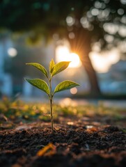 Poster - Young sprout growing in garden soil at sunset low angle shot new life concept hope for future environmental awareness