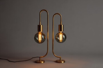 Poster - Modern Gold Table Lamp with Two Edison Bulbs on Gray Background Studio Shot Minimalist Design