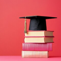 Aufkleber - Graduation cap rests on stack of books against red backdrop studio shot education attainment learning knowledge