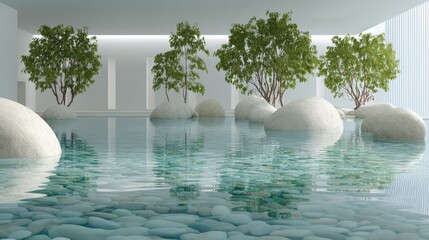 Poster - Serene Indoor Pool with Trees and Stones Reflecting in Water Low Angle Minimalist Spa Design