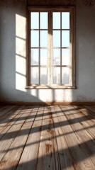Aufkleber - Interior view of room with window casting shadows on wooden floor in rustic style setting with natural light