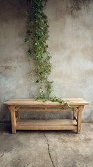 Aufkleber - Rustic wooden bench with trailing ivy against a textured wall, natural light, front view, outdoor setting, simple composition