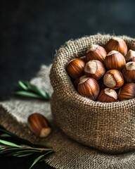 Poster - Hazelnuts overflowing from rustic burlap sack on dark background close up still life food photography