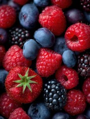Aufkleber - Close-up of fresh mixed berries, including raspberries, blueberries, blackberries, and strawberry, overhead shot, studio light
