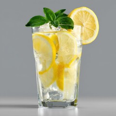 Aufkleber - Refreshing lemon water in clear glass with ice and basil garnish studio shot close up against gray background