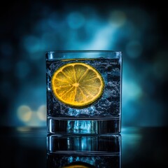 Poster - Refreshing drink with lemon slice in glass of sparkling water studio shot on dark background with bokeh lights